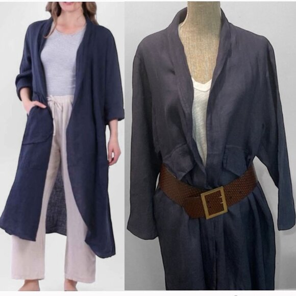 Made in Italy Navy Linen Duster Coat Cardigan Jacket Size Large - Picture 1 of 15
